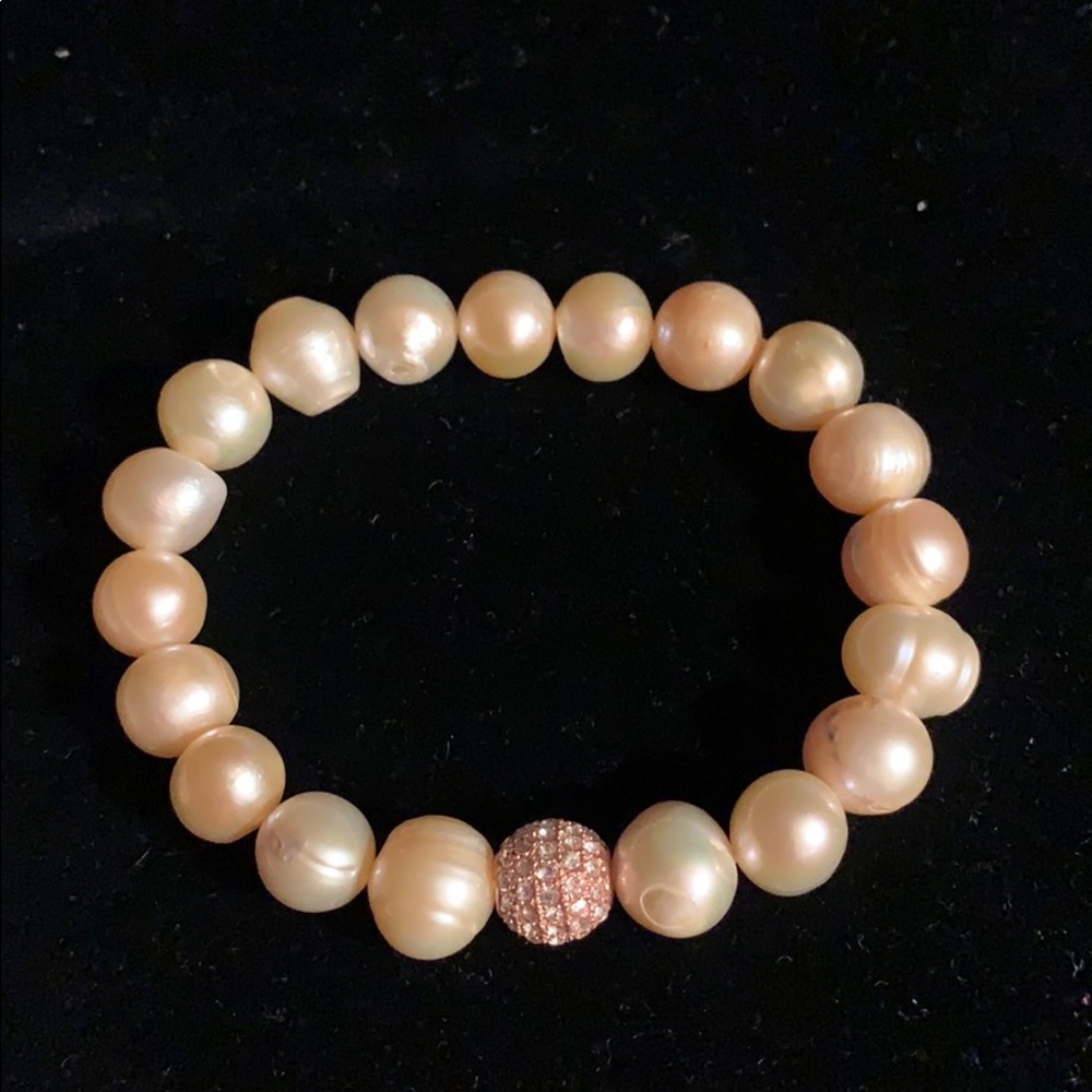 Pink Potato Pearl Stretch Bracelet with Pave Bead